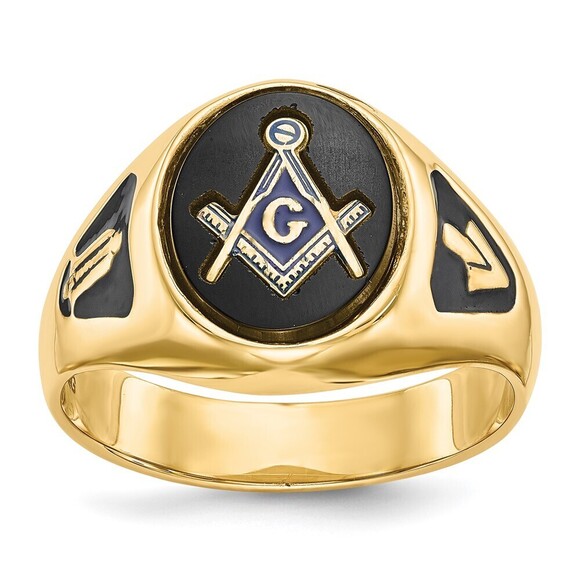 14k Yellow Gold Genuine Men's Black Enamel & Oval Onyx Masonic Ring